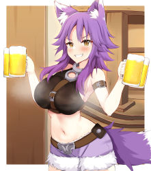 Rule 34 | 1girl, alcohol, animal ear fluff, animal ears, arm belt, bad id, bad pixiv id, bare shoulders, beer, beer mug, black shirt, blush, breasts, chest belt, collar, commentary request, cowboy shot, crop top, cup, fur-trimmed shorts, fur trim, grin, groin, hair between eyes, highres, holding, holding cup, indoors, large breasts, long hair, looking at viewer, makoto (princess connect!), metal collar, midriff, mug, navel, princess connect!, purple hair, purple shorts, shirt, short shorts, shorts, sidelocks, sleeveless, smile, solo, standing, steam, sweat, tail, teeth, turbine guruguru, wolf ears, wolf girl, wolf tail, yellow eyes