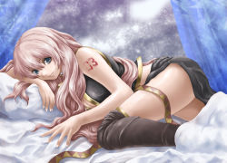 Rule 34 | 1girl, arm support, bed, bed sheet, belt, black thighhighs, blue eyes, breasts, cleavage, curtains, fujipo, large breasts, long hair, lying, megurine luka, on stomach, pillow, pink hair, shirt, sleeveless, sleeveless shirt, smile, solo, tattoo, thighhighs, thighs, very long hair, vocaloid