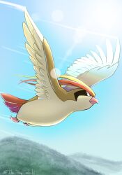 Rule 34 | absurdres, bird, black eyes, bright pupils, closed mouth, commentary request, creatures (company), day, flying, full body, game freak, gen 1 pokemon, highres, lens flare, nintendo, no humans, outdoors, pidgeot, pokemon, pokemon (creature), sky, solo, tkc (user snjd8547), white pupils