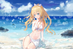 Rule 34 | 1girl, aqua eyes, beach, bikini, blonde hair, blue sky, blush, bow, breasts, cleavage, closed mouth, cloud, commentary request, dated, day, frilled bikini, frills, hair bow, hand to own mouth, highres, horizon, kneeling, light particles, long hair, medium breasts, ocean, original, outdoors, partially submerged, rock, sarong, see-through, signature, sky, smile, solo, striped bikini, striped clothes, swimsuit, thighs, wet, wet clothes, white bikini, yukizawa xueze