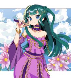 Rule 34 | 1girl, arm at side, bangle, bare shoulders, blue eyes, blue sky, blunt bangs, border, bracelet, ceros, choker, closed mouth, cloud, cloudy sky, collarbone, cowboy shot, day, detached sleeves, dress, flower, folded fan, folding fan, frills, gem, gold trim, green hair, hair ornament, hand fan, hand up, holding, holding fan, idol land pripara, jewelry, long hair, long sleeves, looking at viewer, neck ring, off shoulder, outdoors, outside border, pink flower, pretty series, pripara, purple choker, purple dress, purple sleeves, sidelocks, sky, smile, solo, split mouth, standing, strapless, strapless dress, tsukikawa chili, two side up, very long hair, wide sleeves
