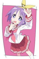 Rule 34 | 1girl, blue eyes, hairband, hiiragi tsukasa, ixy, long sleeves, looking at viewer, lucky star, neckerchief, open mouth, pink background, pink neckerchief, pleated skirt, purple hair, red skirt, school uniform, serafuku, shirt, short hair, simple background, skirt, smile, socks, solo, standing, two-tone background, white background, white shirt, white socks, yellow hairband