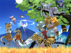 Rule 34 | 10s, 6+girls, absurdres, animal ears, animal print, artist request, bare shoulders, bird tail, bird wings, black eyes, black hair, blonde hair, blush, bow, cat tail, common raccoon (kemono friends), day, dress, elbow gloves, everyone, ezo red fox (kemono friends), fennec (kemono friends), flying, fox ears, fox tail, gloves, grass, green eyes, green hair, hat, hawk (kemono friends), head wings, highres, jaguar (kemono friends), jaguar ears, japanese crested ibis (kemono friends), kaban (kemono friends), kemono friends, long hair, long sleeves, lucky beast (kemono friends), multicolored hair, multiple girls, necktie, northern goshawk (kemono friends), official art, open mouth, pantyhose, pleated skirt, raccoon ears, raccoon tail, red eyes, red legwear, scan, serval (kemono friends), serval print, serval tail, shirt, short hair, short sleeves, sitting, skirt, sky, sleeveless, sleeveless shirt, striped tail, tail, thighhighs, tree, two-tone hair, volcano, vulcan, white bow, white hair, white skirt, wings, yellow eyes, yellow necktie