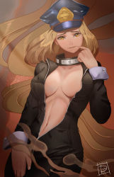 Rule 34 | 1girl, absurdres, black bodysuit, blonde hair, bodysuit, boku no hero academia, breasts, cleavage, collar, collarbone, finger to mouth, hat, highres, large breasts, lips, long hair, looking at viewer, navel, no bra, open bodysuit, open clothes, parted lips, peaked cap, skin tight, smile, solo, standing, unzipped, utsushimi kemii, yellow eyes, ymslwn