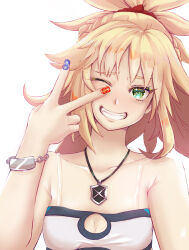Rule 34 | 1girl, absurdres, bare arms, bare shoulders, blonde hair, blue nails, camisole, cleavage cutout, clothing cutout, collarbone, commentary request, fate/apocrypha, fate (series), green eyes, grin, hand up, head tilt, highres, liangmian, long hair, looking at viewer, mordred (fate), mordred (fate/apocrypha), nail art, nail polish, one eye closed, ponytail, red nails, simple background, smile, solo, spaghetti strap, upper body, v, white background