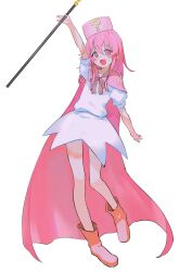 Rule 34 | 1girl, ?, absurdres, arm up, benesse, boots, cape, dress, full body, hair between eyes, hat, hatena yousei, highres, holding, holding staff, kurobeko (kur0bek0), long hair, looking at viewer, open mouth, pink cape, pink eyes, pink footwear, pink hair, pink hat, short sleeves, simple background, solo, staff, white background, white dress
