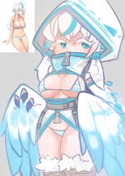 Rule 34 | 1girl, absurdres, bikini, bird legs, blue bikini, blue eyes, blue hair, blue wings, blush, breasts, claws, covered mouth, feathers, grey background, harpy, highres, hood, hood up, large breasts, long hair, micro bikini, monster girl, multicolored hair, nn (eogks), original, reference inset, revealing clothes, sidelocks, simple background, streaked hair, striped bikini, striped clothes, swimsuit, two-tone hair, white bikini, white hair, white hood, white wings, wings, zipper pull tab