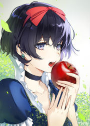 Rule 34 | 1girl, androgynous, apple, black hair, blue eyes, blurry, blurry foreground, bow, choker, collarbone, disney, earrings, food, frilled sleeves, frills, fruit, hair bow, hieung, highres, holding, holding food, holding fruit, jewelry, leaf, open mouth, portrait, red apple, red bow, short hair, short sleeves, snow white, snow white (disney), snow white and the seven dwarfs, solo