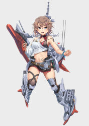 Rule 34 | 1girl, black skirt, blue eyes, breasts, cannon, commentary request, destroyer, detached sleeves, flag, full body, grey background, hair ornament, hairclip, highres, japan maritime self-defense force, japan self-defense force, machinery, maya (jmsdf), mecha musume, medium breasts, midriff, military, military vehicle, miniskirt, navel, original, personification, pleated skirt, ship, simple background, single detached sleeve, skirt, solo, standing, sunburst, torpedo tubes, turret, warship, watercraft, zombie mogura
