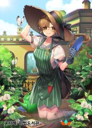 Rule 34 | 1girl, adjusting clothes, adjusting headwear, animal, apron, black gloves, blue sky, brown hair, bug, butterfly, clipboard, cloud, copyright name, day, unworn eyewear, flower, garden, glasses, gloves, green eyes, hat, hat ribbon, insect, kneeling, long hair, official art, outdoors, ponytail, qurare magic library, ribbon, school uniform, sky, straw hat, sun hat, thighhighs, trowel, watering can, watermark, white thighhighs, yamijam