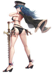 Rule 34 | 1girl, ass, bikini, black bikini, blue eyes, blue hair, breasts, byleth (female) (fire emblem), byleth (female) (summer) (fire emblem), byleth (fire emblem), cape, commentary, commentary request, fire emblem, fire emblem: three houses, fire emblem heroes, full body, gonzarez, hat, high heels, highres, large breasts, looking at viewer, nintendo, official alternate costume, sideboob, simple background, solo, standing, swimsuit, sword, sword of the creator, weapon, white background