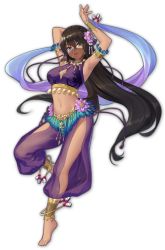 Rule 34 | 1girl, anklet, armlet, armpits, arms up, artist request, barefoot, belly chain, blue eyes, bracelet, brown hair, dancer, dark skin, flower, green eyes, hair flower, hair ornament, harem outfit, harem pants, heterochromia, highres, jewelry, long hair, mahjong soul, midriff, necklace, non-web source, official art, pants, sara (mahjong soul), tiptoes, transparent background, yostar