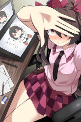 Rule 34 | 1girl, black hair, black necktie, blush, bow, brown hair, chair, collar, collared shirt, drawing, drawing tablet, e.o., eraser, frilled collar, frills, from above, fumo (doll), hair bow, hat, highres, himekaidou hatate, looking at viewer, looking up, necktie, paper, pencil, plaid, plaid skirt, red eyes, screen, selfie, shameimaru aya, shirt, sitting, skirt, smile, solo, stylus, table, thighs, tokin hat, touhou