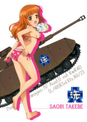 Rule 34 | 10s, 1girl, :d, absurdres, adjusting clothes, adjusting swimsuit, ass, barefoot, bikini, breasts, brown eyes, caterpillar tracks, character name, artistic error, full body, girls und panzer, highres, leg up, long hair, looking at viewer, looking back, medium breasts, military, military vehicle, motor vehicle, open mouth, orange hair, panzer iv, panzer iv, red bikini, shiny skin, sideboob, simple background, smile, solo, swimsuit, takebe saori, tank, underboob, white background, wrong foot