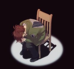 Rule 34 | 1other, chair, commentary, full body, green jacket, hange zoe, hanpetos, jacket, meme, neon genesis evangelion, other focus, own hands clasped, own hands together, parody, ponytail, shingeki no kyojin, shinji in a chair (meme), sitting, solo, spotlight, survey corps (emblem)