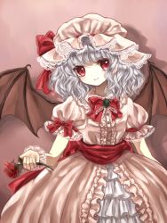 Rule 34 | 1girl, adapted costume, alternate hair length, alternate hairstyle, bat wings, bow, brooch, dress, female focus, flower, frilled dress, frills, hair ribbon, hat, jewelry, layered dress, long hair, pink dress, puffy sleeves, red eyes, red flower, red rose, remilia scarlet, ribbon, rose, sash, short sleeves, silver hair, smile, solo, touhou, wings, wrist cuffs, yuki 201