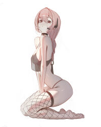 1girl absurdres ass bare_shoulders black_choker braid breasts choker fishnet_thighhighs fishnets hair_between_eyes highres looking_at_viewer mawaw medium_breasts narrow_waist pink_eyes pink_hair see-through_clothes see-through_shirt shirt sideboob single_braid sitting solo thighhighs tsukishiro_yanagi wariza zenless_zone_zero