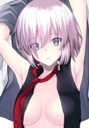 Rule 34 | 1girl, armpits, arms up, black vest, blush, breasts, bright pupils, cleavage, collarbone, commentary request, expressionless, eyes visible through hair, fate/grand order, fate (series), grey jacket, hair over one eye, highres, jacket, karaage bou, mash kyrielight, medium breasts, necktie, no bra, open clothes, open jacket, open vest, parted lips, pink eyes, pink hair, red necktie, short hair, sleeveless, solo, upper body, vest