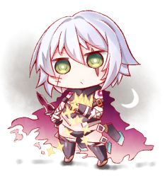 Rule 34 | 1girl, bandaged arm, bandages, black panties, black thighhighs, cape, chibi, dagger, fate/apocrypha, fate/grand order, fate (series), gasuto (kamikami), gloves, green eyes, holding, holding dagger, holding knife, holding weapon, jack the ripper (fate/apocrypha), knife, looking at viewer, lowleg, lowleg panties, lowres, navel, panties, scar, short hair, silver hair, solo, thighhighs, underwear, weapon