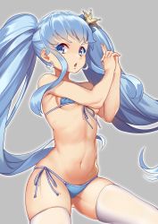 Rule 34 | 1girl, :o, absurdres, bikini, blue bikini, blue eyes, blue hair, breasts, crescent, crescent earrings, crown, cure princess, earrings, eyebrows, grey background, happinesscharge precure!, highres, huai diao de zongzi, jewelry, long hair, looking at viewer, micro bikini, navel, open mouth, precure, shirayuki hime, side-tie bikini bottom, simple background, small breasts, solo, swimsuit, thighhighs, twintails, white thighhighs