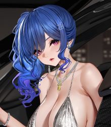 Rule 34 | 1girl, alternate costume, azur lane, bag, bare shoulders, blue hair, bracelet, breasts, building, car, cityscape, cleavage, collarbone, dress, earrings, evening gown, formal, hair ornament, hair up, hairclip, halter dress, halterneck, handbag, highres, jewelry, large breasts, looking at viewer, motor vehicle, necklace, night, night sky, no bra, official art, outdoors, parted lips, pink eyes, realistic, red lips, revealing clothes, sidelocks, silver dress, sky, skyscraper, st. louis (azur lane), st. louis (luxurious wheels) (azur lane), swept bangs, updo, yunsang