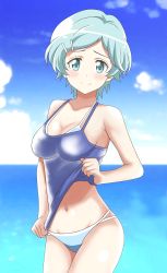 Rule 34 | 1girl, absurdres, bad id, bad pixiv id, bikini, blue eyes, blue hair, blush, breasts, camisole, cleavage, closed mouth, day, hair ornament, hairclip, highres, houkago saikoro club, kiniro tofu, light blue hair, looking at viewer, medium breasts, navel, no pants, outdoors, smile, solo, standing, swimsuit, takekasa miki