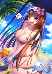 Rule 34 | 2girls, bad id, bad pixiv id, beach, bikini, black hair, breasts, cellphone, cleavage, computer, contrail, crab, cup, day, drinking glass, drinking straw, earphones, fate/grand order, fate (series), food, fruit, handheld game console, hermit crab, highres, jewelry, laptop, large breasts, lemon, light rays, long hair, mash kyrielight, meion, multiple girls, necklace, ocean, osakabehime (fate), phone, playstation vita, purple eyes, purple hair, shadow, short hair, sitting, smartphone, spoken blush, swimsuit, twintails, umbrella, very long hair, wariza