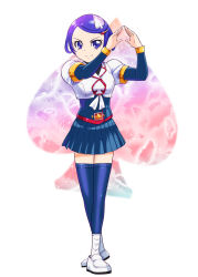 Rule 34 | 1girl, blue eyes, blue hair, blue skirt, blue thighhighs, closed mouth, cosplay, dokidoki! precure, full body, kamen rider, kamen rider blade (series), kenzaki makoto, layered sleeves, long sleeves, looking at viewer, miniskirt, name connection, parted bangs, pleated skirt, precure, short hair, short over long sleeves, short sleeves, skirt, smile, solo, standing, thighhighs, trait connection, ueyama michirou, white background, white footwear, zettai ryouiki