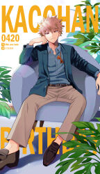 Rule 34 | 1boy, :|, absurdres, alternate costume, alternate hair color, arm rest, armchair, bakugou katsuki, belt, belt buckle, birthday, blue jacket, blue shirt, boku no hero academia, bow, bowtie, brown belt, brown footwear, brown hair, brown pants, buckle, buttons, chair, character name, closed mouth, collared shirt, commentary request, dated, dress shirt, dress shoes, elbow rest, film grain, foot out of frame, full body, hair between eyes, hand up, head on hand, head tilt, highres, jacket, jpeg artifacts, lapels, long sleeves, looking at viewer, male focus, notched lapels, on chair, open clothes, open collar, open jacket, orange bow, orange bowtie, outstretched arm, outstretched leg, pants, pixiv id, pixiv logo, plant, rainbow gradient, red eyes, shadow, shirt, short hair, simple background, sitting, solo, spiked hair, straight-on, text background, text focus, timestamp, twitter logo, twitter username, ume (326310), undone bowtie, v-shaped eyebrows, white background, wing collar