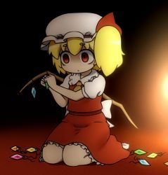 Rule 34 | 1girl, ascot, bags under eyes, blonde hair, commentary request, darkness, dress, dressing, empty eyes, flandre scarlet, hat, hat ribbon, mob cap, puffy short sleeves, puffy sleeves, red dress, red eyes, ribbon, sash, seiza, shirosato, shirt, short sleeves, side ponytail, sitting, solo, staring, touhou, wings