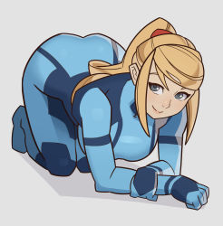 Rule 34 | 1girl, all fours, ass, blonde hair, blue eyes, bodysuit, breasts, closed mouth, full body, gloves, grey background, hair tie, high ponytail, highres, holding own arm, large breasts, lips, long hair, looking at viewer, metroid, nintendo, ponytail, samus aran, shadow, sidelocks, simple background, smile, solo, splashbrush, swept bangs, zero suit