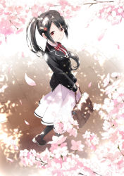 Rule 34 | 10s, 1girl, :d, bag, black jacket, black pantyhose, blazer, blush, bow, briefcase, brown footwear, collared shirt, commentary request, day, flower, hair between eyes, hair flower, hair ornament, high ponytail, highres, holding, holding bag, inuzuka shuna, jacket, kishuku gakkou no juliet, long hair, looking at viewer, looking to the side, natsupa, open mouth, outdoors, pantyhose, petals, pink flower, pleated skirt, red bow, red eyes, red flower, school briefcase, school uniform, shirt, shoes, side ponytail, sidelocks, skirt, smile, solo, striped, striped bow, very long hair, walking, white shirt, white skirt