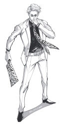 Rule 34 | 1boy, adjusting goggles, animal print, belt, formal, full body, goggles, greyscale, highres, holding, holding weapon, jujutsu kaisen, leopard print, male focus, mineco000, monochrome, nanami kento, necktie, pants, short hair, solo, suit, watch, weapon, wristwatch