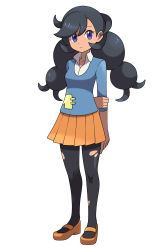 Rule 34 | 1girl, absurdres, arm behind back, asatsuki (fgfff), black hair, black pantyhose, blue sweater, closed mouth, collared shirt, commentary request, creatures (company), emma (pokemon), eyelashes, game freak, highres, looking at viewer, nintendo, orange footwear, orange skirt, pantyhose, pleated skirt, pokemon, pokemon xy, purple eyes, shirt, shoes, simple background, skirt, sleeves past elbows, solo, standing, sweater, torn clothes, torn pantyhose, twintails, white background, white shirt