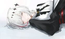 Rule 34 | absurdres, black bow, black bowtie, black skirt, bow, bowtie, closed eyes, commentary, dtto., highres, multicolored hair, pale skin, red hair, scarz, shirt, skirt, skull ornament, sleeping, tabulagami, utaite, virtual youtuber, white background, white hair, white shirt