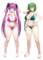Rule 34 | 2girls, arm up, artist name, barefoot, beatmania, beatmania iidx, bikini, breasts, cleavage, closed mouth, collarbone, covered erect nipples, feet, full body, gluteal fold, green eyes, green hair, hair between eyes, hair ornament, hand on own hip, hand up, kitami erika, large breasts, legs, long hair, looking at viewer, micro bikini, mizushiro celica, multiple girls, navel, onomeshin, paid reward available, purple eyes, purple hair, side ponytail, simple background, smile, standing, star (symbol), star hair ornament, stomach, sweat, swimsuit, toenails, toes, twintails, very long hair, white background