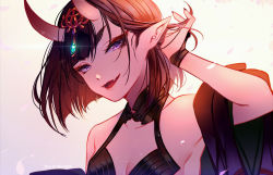 Rule 34 | 1girl, adjusting hair, armpits, backlighting, bare shoulders, bob cut, breasts, collarbone, eyeliner, fang, fate/grand order, fate (series), headpiece, horns, japanese clothes, kimono, long sleeves, looking at viewer, makeup, march ab, off shoulder, oni, open clothes, open kimono, open mouth, pointy ears, purple eyes, purple hair, purple kimono, revealing clothes, short hair, shuten douji (fate), skin-covered horns, small breasts, smile, solo, white background, wide sleeves