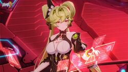 Rule 34 | 1girl, ai-chan (chrono navi) (honkai impact), ai-chan (honkai impact), barcode, barcode tattoo, bare shoulders, black dress, black gloves, breasts, cleavage, cleavage cutout, closed mouth, clothing cutout, dress, fingerless gloves, gloves, green hair, hair ornament, holographic interface, honkai (series), honkai impact 3rd, indoors, large breasts, long hair, medium breasts, official art, orange eyes, smile, solo, tattoo, twintails, very long hair