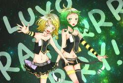 Rule 34 | 10 mochirooru, 2girls, asymmetrical legwear, breasts, cleavage, green hair, gumi, hair ornament, hairclip, kagamine rin, luvoratorrrrry! (vocaloid), midriff, miniskirt, multiple girls, open mouth, outstretched arm, short hair, shorts, skirt, sleeveless, small breasts, song name, star (symbol), starry background, thighhighs, vocaloid, yellow stripes