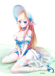 Rule 34 | 1girl, alternate costume, alternate eye color, alternate hair color, bad id, bad pixiv id, blonde hair, blue bow, blue eyes, blue flower, blue rose, bonnet, bow, breasts, cleavage, dress, elsword, flower, full body, gloves, icedango (dpopic3), large breasts, long hair, pointy ears, rena erindel, rose, shoes, sitting, skirt, smile, solo, strapless, strapless dress, thighhighs, v arms, wariza, white background, white footwear, white gloves, white skirt, white thighhighs