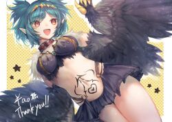 Rule 34 | 1girl, bird legs, black feathers, black wings, breasts, claws, commentary request, commission, fang, feathers, gamo tako, green hair, harpy, heart, heart tattoo, indie virtual youtuber, lincoro, medium breasts, monster girl, navel, open mouth, pointy ears, red eyes, short hair, short twintails, skeb commission, solo, stomach tattoo, tattoo, thank you, tiara, twintails, virtual youtuber, winged arms, wings