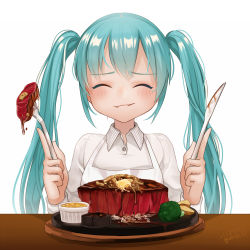 Rule 34 | 1girl, aqua hair, bad id, bad pixiv id, blush, broccoli, closed mouth, collared shirt, eating, closed eyes, food, foodgasm, fork, gotou (nekocat), happy, hatsune miku, highres, knife, plate, shirt, signature, simple background, steak, table, twintails, vocaloid