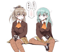 Rule 34 | 10s, 2girls, blush, brown hair, brown legwear, brown skirt, food, green eyes, green hair, hair ornament, hairclip, kantai collection, kumano (kancolle), long hair, looking at another, marugoshi (54burger), mouth hold, multiple girls, orange skirt, pocky, pocky day, ponytail, school uniform, simple background, sitting, skirt, striped clothes, striped legwear, striped thighhighs, suzuya (kancolle), thighhighs, translated, white background