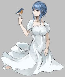 Rule 34 | 1girl, alternate costume, bags under eyes, bird, bird on hand, black eyes, blue hair, braid, closed mouth, collarbone, commentary request, crown braid, dress, fire emblem, fire emblem: three houses, french braid, grey background, hair between eyes, highres, long dress, looking at another, marianne von edmund, nintendo, sakuremi, short hair, simple background, sitting, solo, white dress, white footwear