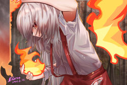 Rule 34 | 1girl, commentary, dated, english commentary, fire, fujiwara no mokou, highres, long hair, looking at viewer, pants, parted lips, pyrokinesis, red eyes, red pants, shirt, short sleeves, signature, solo, suspenders, top-exerou, touhou, upper body, white hair, white shirt