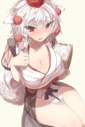 Rule 34 | 1girl, animal ears, bare legs, beige background, blush, breasts, cleavage, commentary request, hand up, hat, highres, inubashiri momiji, kaizu (kaizukurodai), large breasts, looking at viewer, pelvic curtain, pom pom (clothes), red eyes, sash, simple background, sitting, smile, solo, tail, tokin hat, touhou, white hair, wolf ears, wolf tail