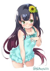 Rule 34 | 1girl, alternate costume, aqua one-piece swimsuit, black hair, blue ribbon, blush, breasts, covered navel, cropped legs, ebifurya, flower, from above, gradient hair, green eyes, hair flower, hair ornament, hand on own chest, hat, highres, kantai collection, layered skirt, long hair, looking at viewer, matsuwa (kancolle), multicolored hair, one-piece swimsuit, pink hair, purple hair, ribbon, sailor hat, simple background, skirt, small breasts, solo, sunflower, sunflower hair ornament, swimsuit, swimsuit skirt, tears, twitter username, white background