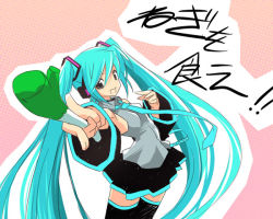 Rule 34 | 1girl, hatsune miku, hermmy, solo, spring onion, thighhighs, twintails, vocaloid