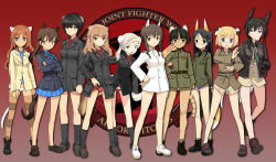 Rule 34 | 504th joint fighter wing, 6+girls, angela salas larrazabal, animal ears, bare legs, black hair, blonde hair, blowing bubbles, boots, brown hair, cat ears, cat girl, cat tail, chewing gum, dog ears, dog girl, dog tail, dominica s. gentile, fernandia malvezzi, fox ears, fox tail, gradient background, head wings, horse girl, jane t. godfrey, long hair, luciana mazzei, martina crespi, military, military uniform, multiple girls, nakajima nishiki, panties, patricia schade, red background, red panties, shimada fumikane, short hair, skirt, socks, strike witches, strike witches: kurenai no majo-tachi, striped clothes, striped legwear, striped thighhighs, suwa amaki, tail, takei junko, thighhighs, underwear, uniform, wings, world witches series