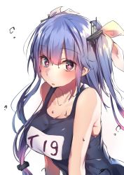 Rule 34 | 10s, 1girl, bare shoulders, blue hair, blush, breasts, cleavage, hair ornament, highres, i-19 (kancolle), kantai collection, long hair, looking at viewer, one-piece swimsuit, open mouth, purple eyes, school swimsuit, solo, soukou makura, star-shaped pupils, star (symbol), sweat, swimsuit, symbol-shaped pupils, twintails